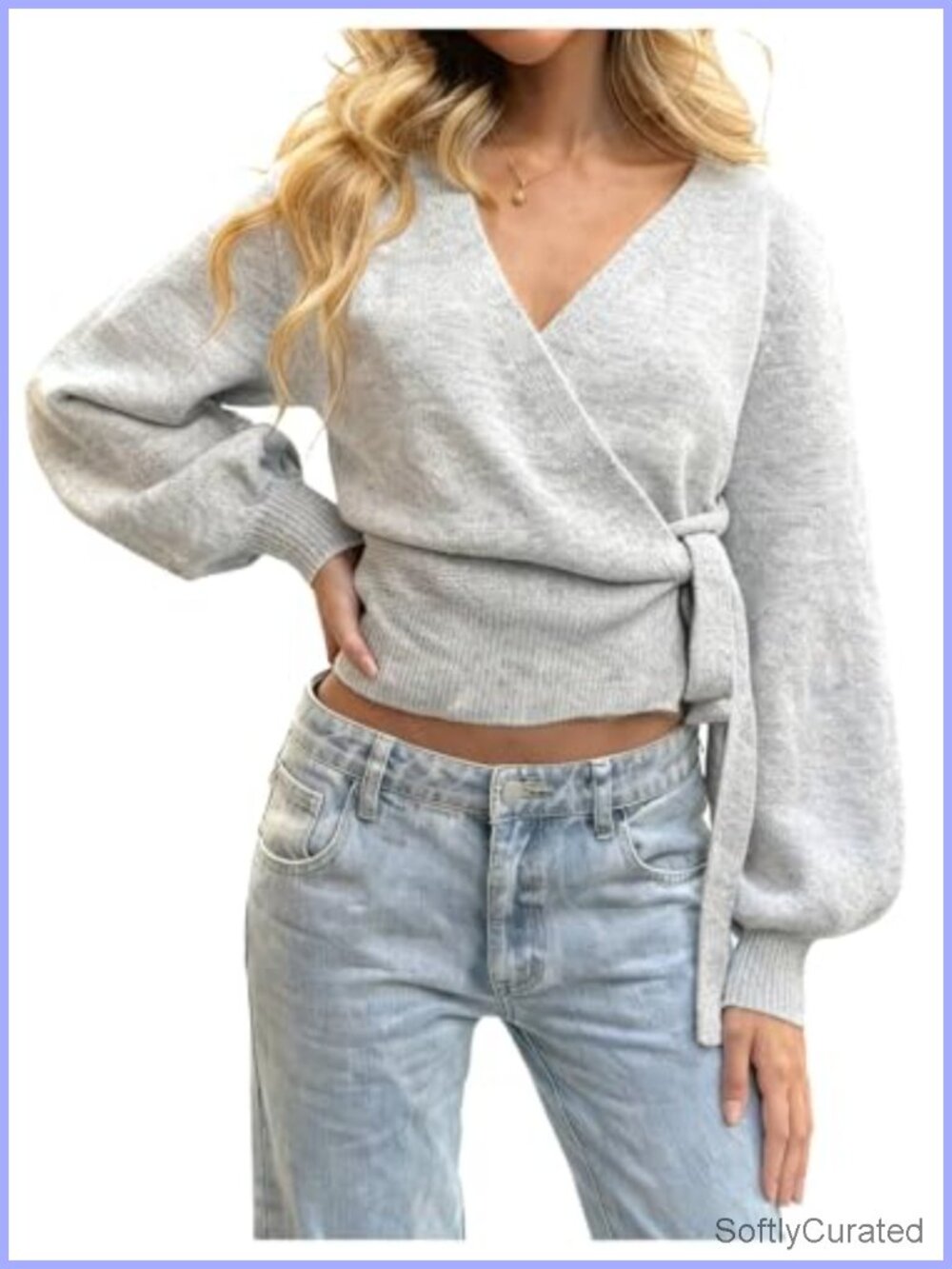 Rib Knit Wrap Cardigan Sweater V Neck Long Sleeve Women's Cropped
